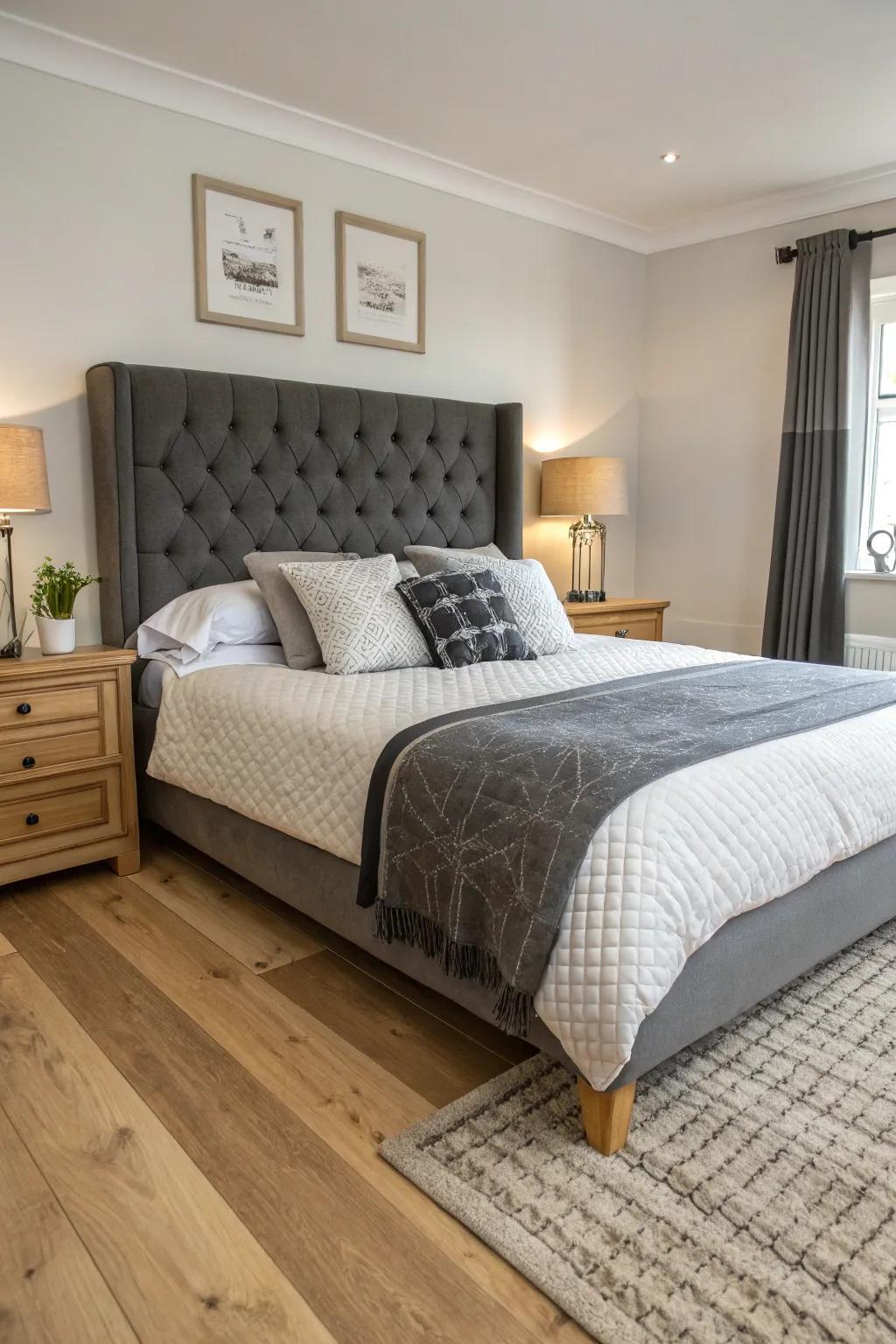 Pale flooring juxtaposes beautifully through a coal grey headboard.