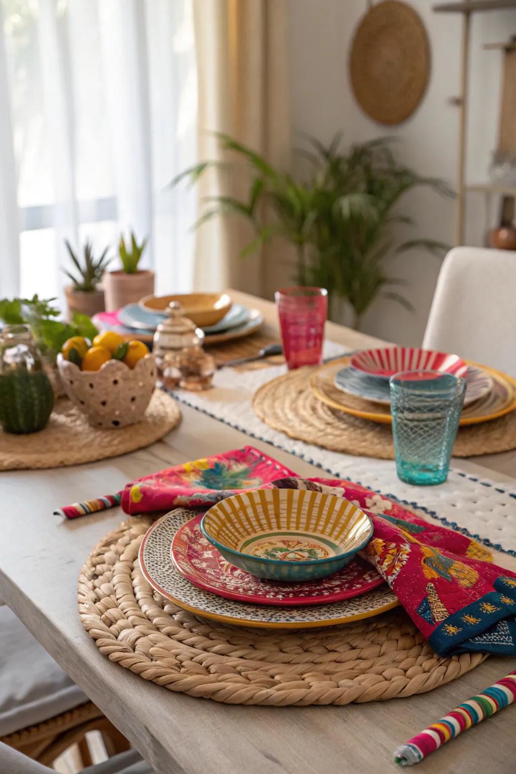 Boho chic charger plates produce an artistic dining experience.