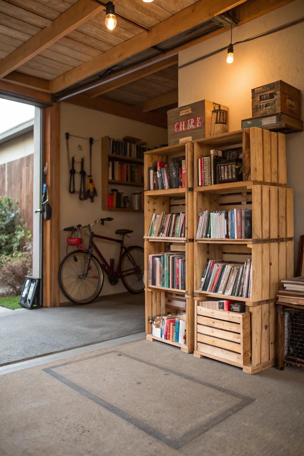 A mini library adds a touch of literacy to your garage area.