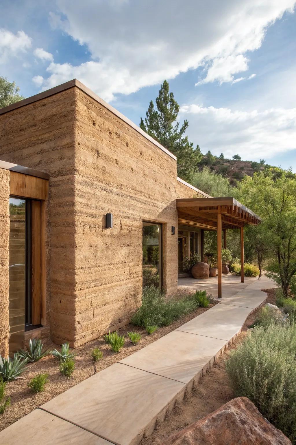 A sturdy, lasting pressed earth home projecting a country appeal.