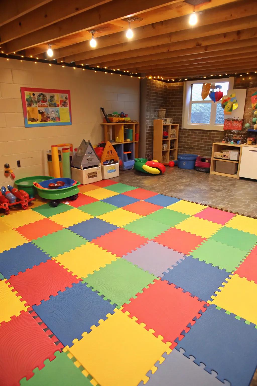 Foam tiles make a safe and fun environment for basement playrooms.