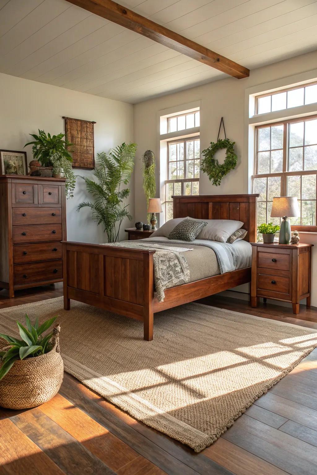 Natural components imparting warmth to a walnut wood bedroom.