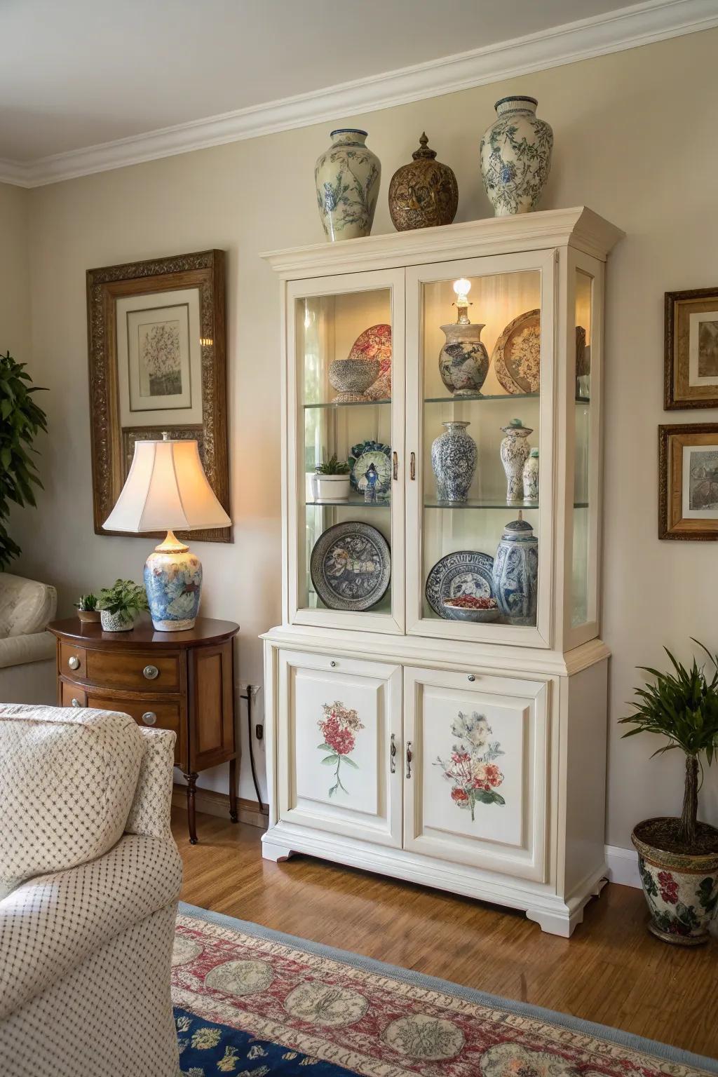 Top of china cabinet used for additional decor.