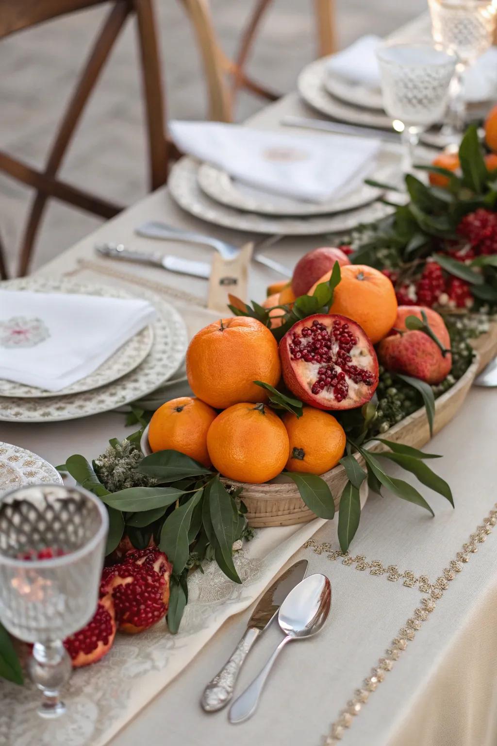 A vibrant centerpiece showcasing lucky Chinese produce.