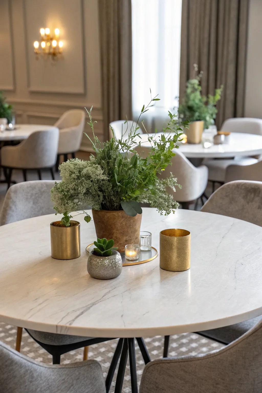 Understated elegance through unpretentious verdure and metallics.