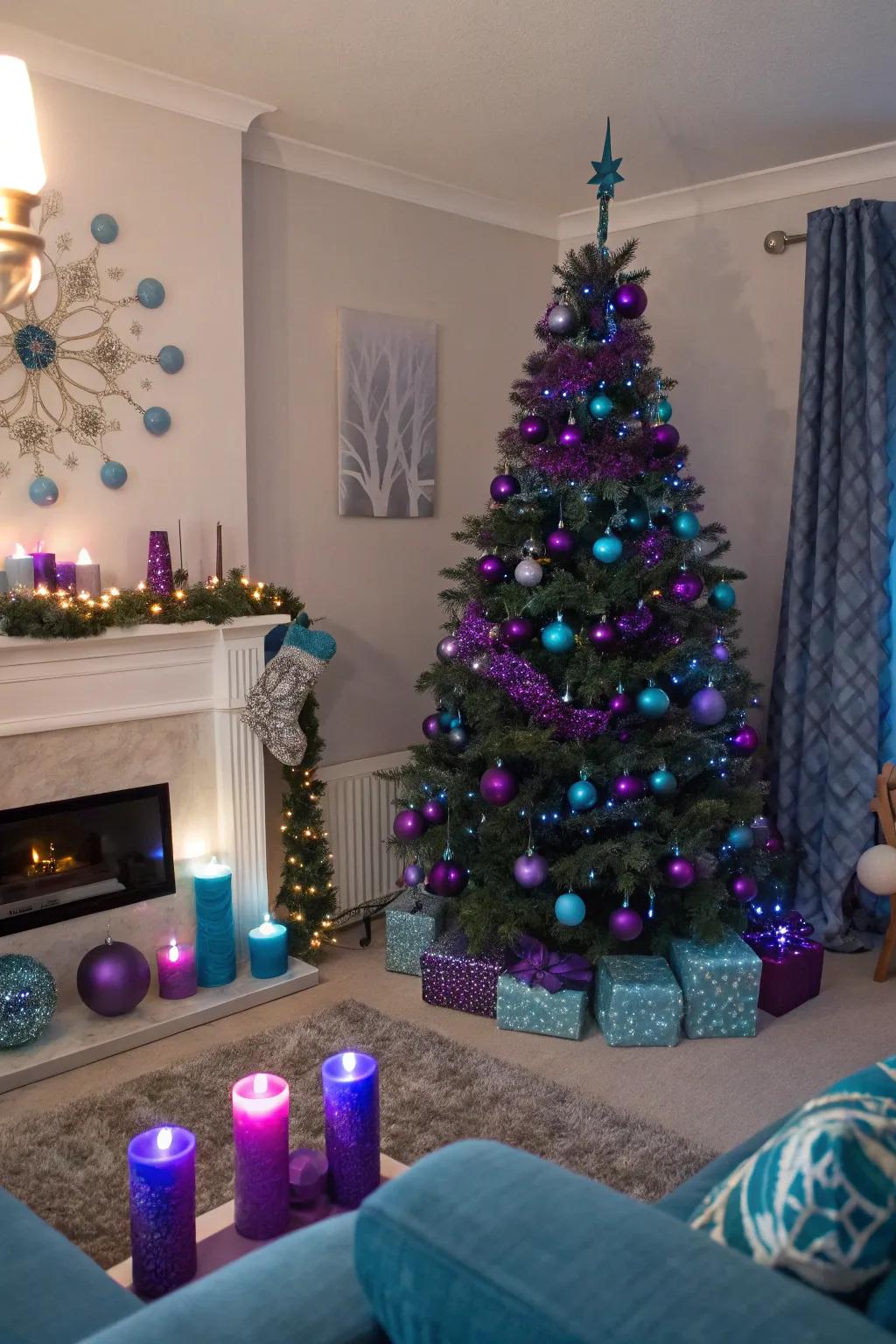 Unexpected colors introduce a contemporary flair to traditional Yuletide décor.