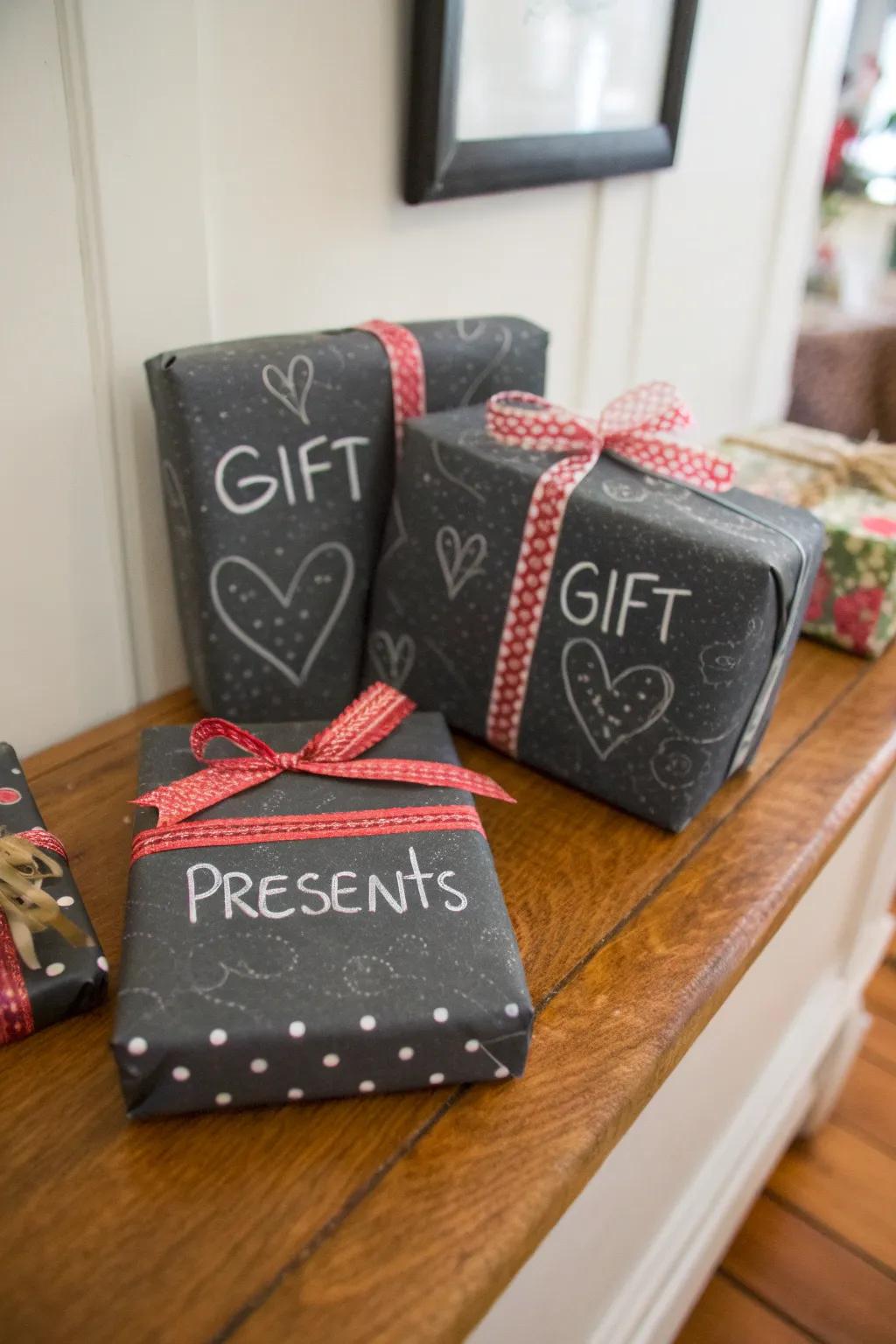 Gifts wrapped in board covering with unique notes.