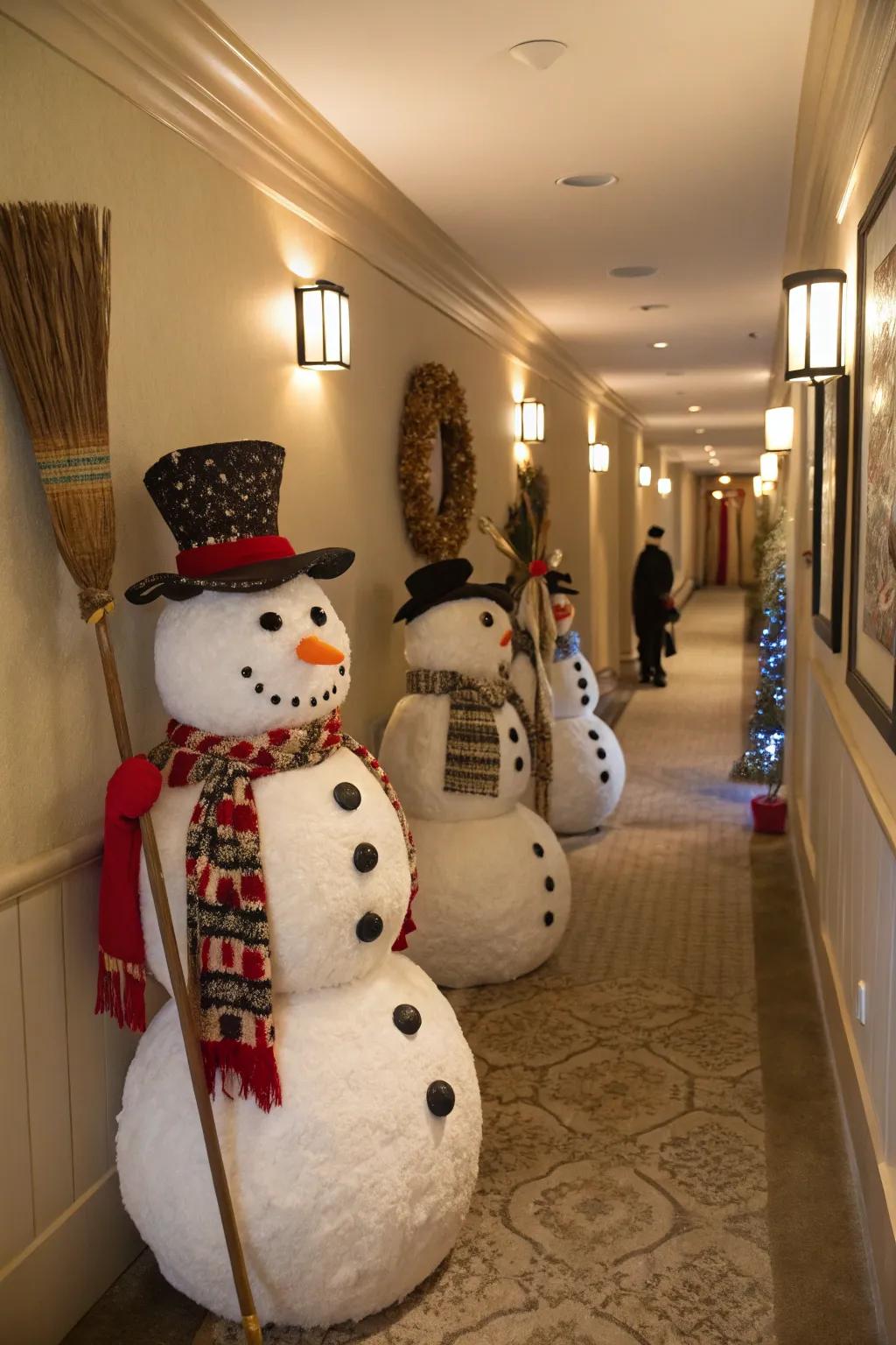 Enjoy a parade of icy figures bringing winter amusement to the hallway.