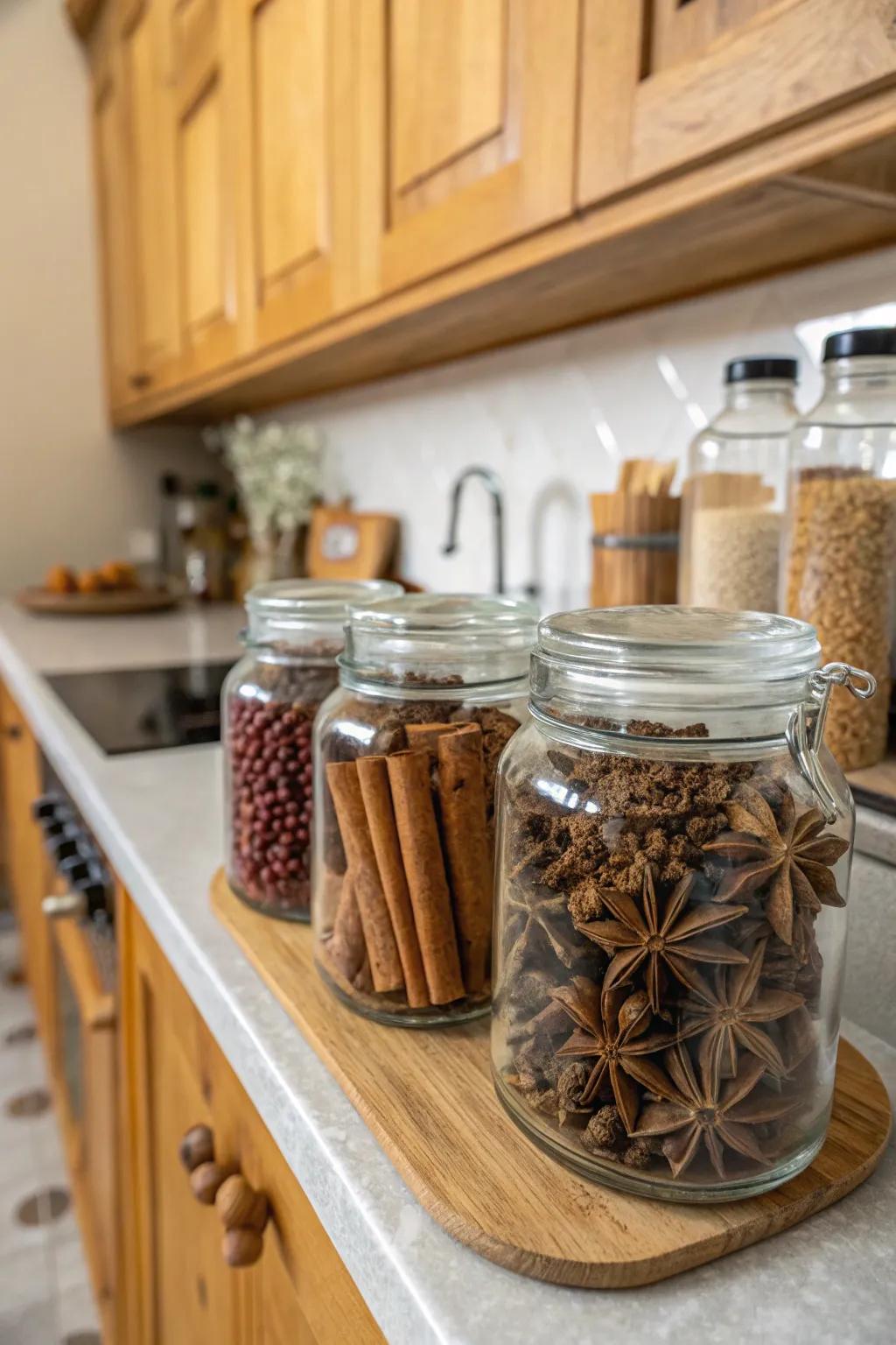 Jars of seasonal spices introduce both aroma and visual appeal.