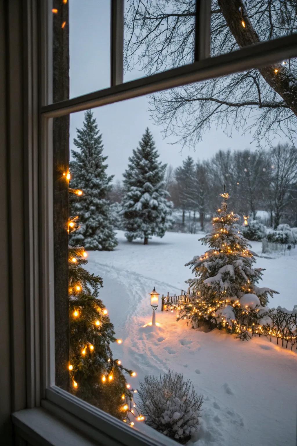 A peaceful, snow-covered landscape illuminated by the soft glow of Christmas lights.
