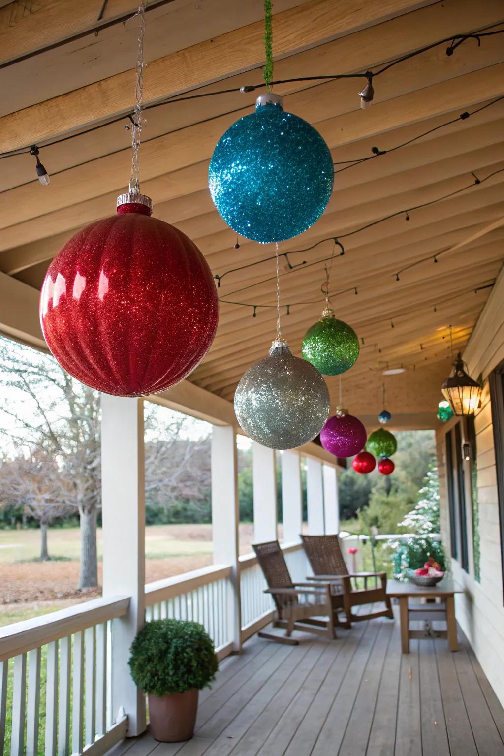 Oversized baubles imparting a spectacular flair to the porch decorations.