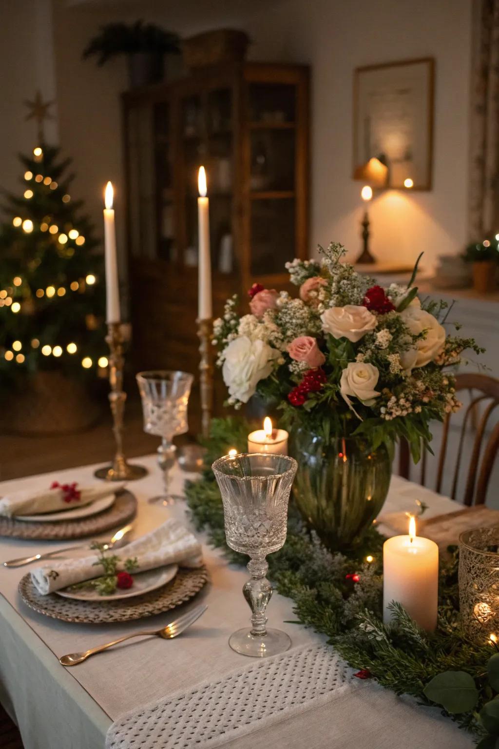 Antique crystalware contributes an elegant and nostalgic touch to the table.