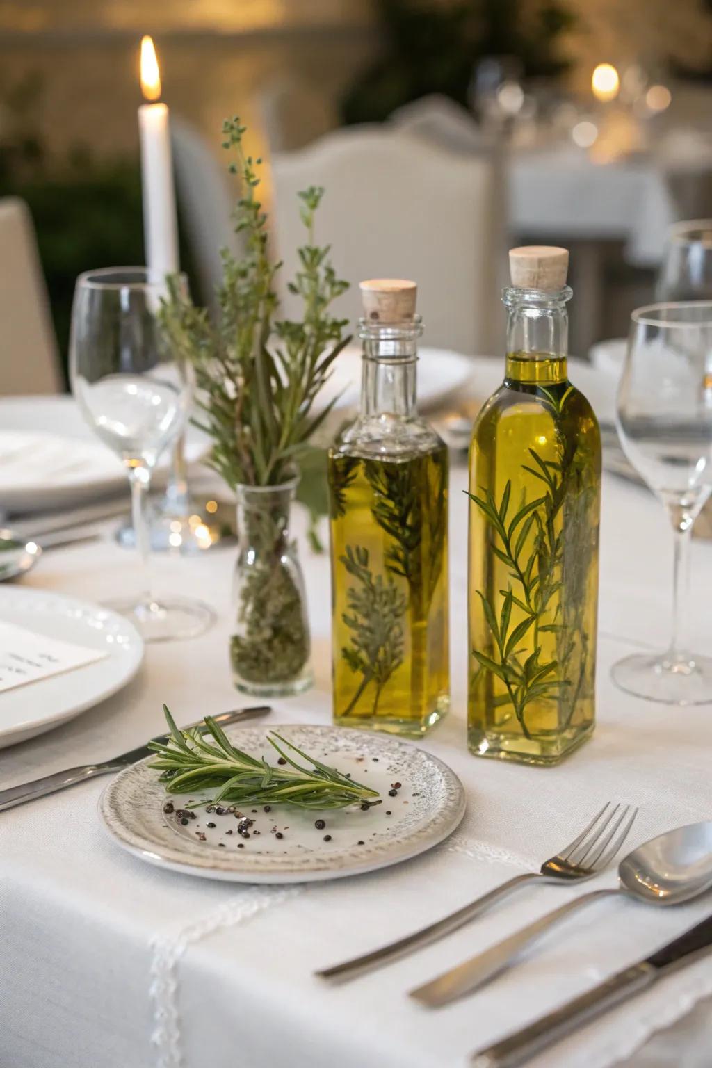 Infused culinary oil bottles make a sophisticated table favor.
