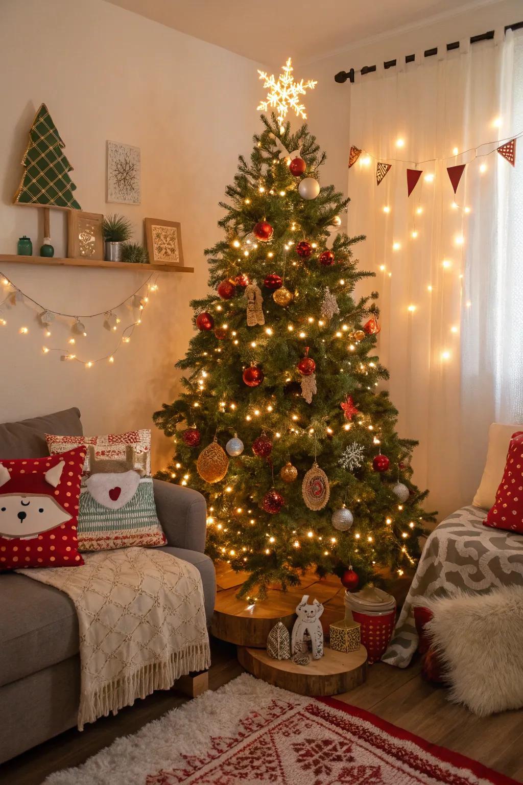 A playful Christmas tree featuring whimsical woodland ornaments and vibrant colored lights, adding charm to the holidays.