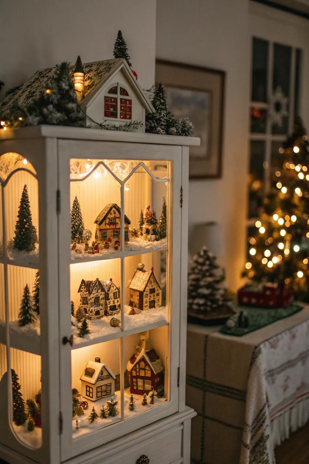 A hutch offers protection and depth for a charming Christmas village.