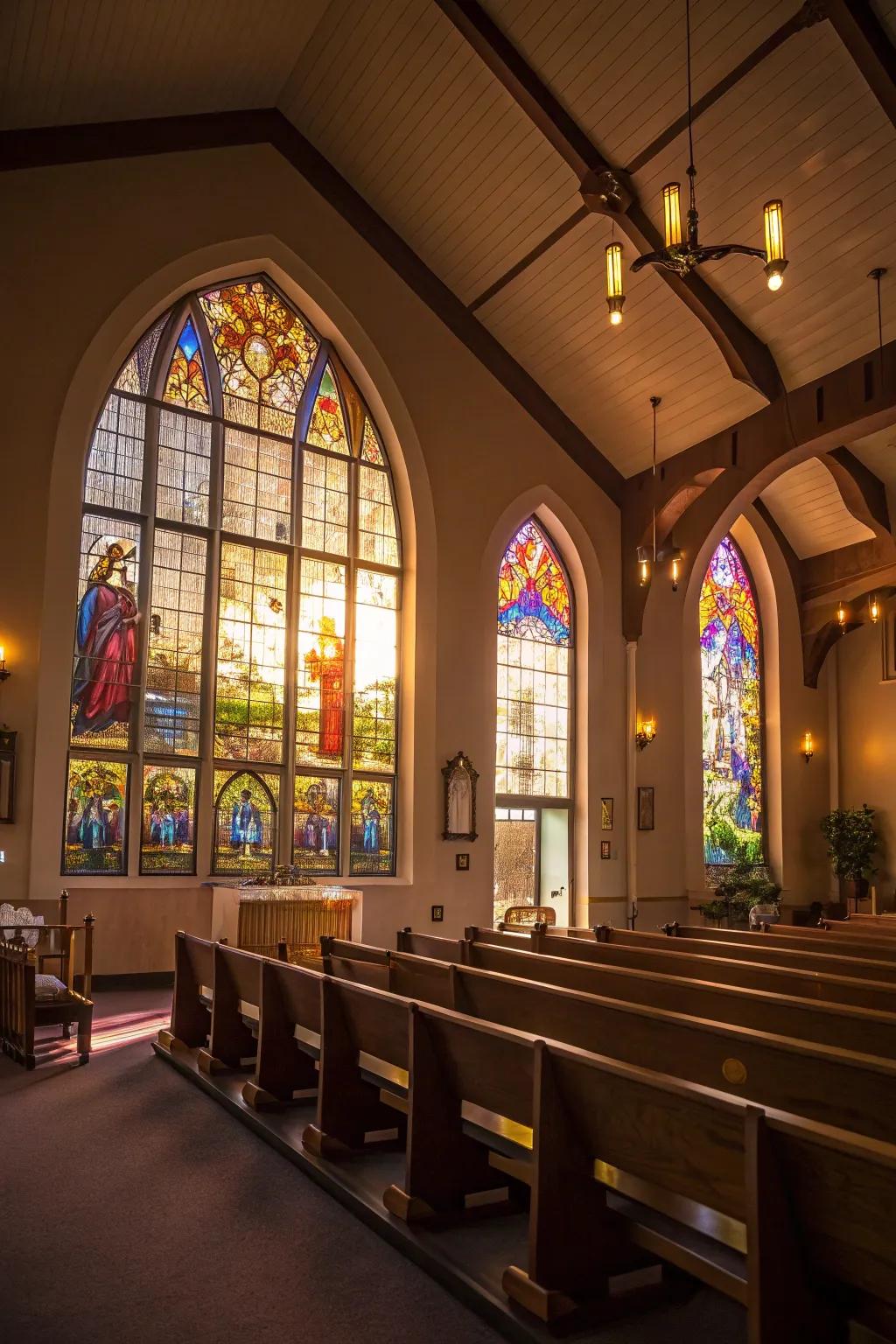 Illuminated stained glass windows create a magical ambiance.