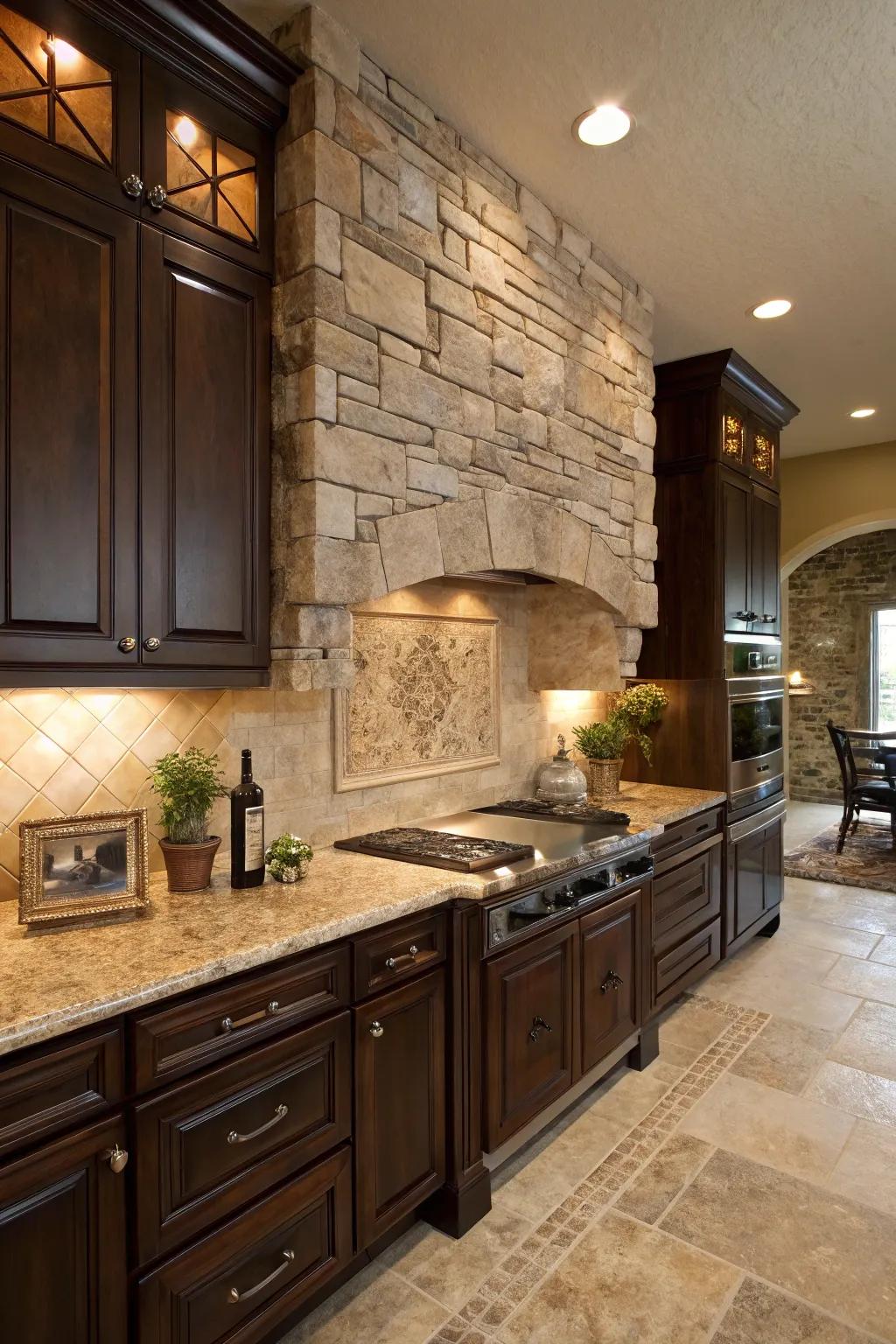 A natural rock backsplash adds organic beauty to this kitchen.