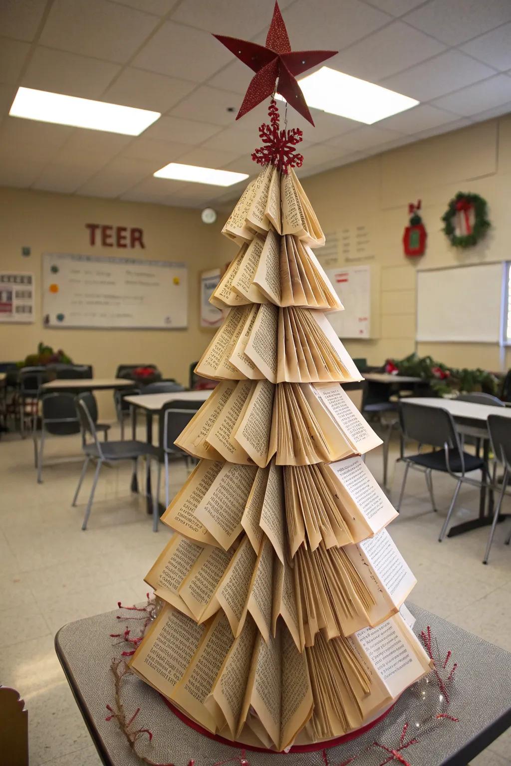 A literary-inspired Yule tree fashioned from book pages