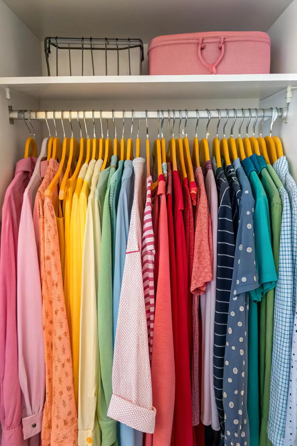 Colored rails add a playful and artistic touch to wardrobe organization.