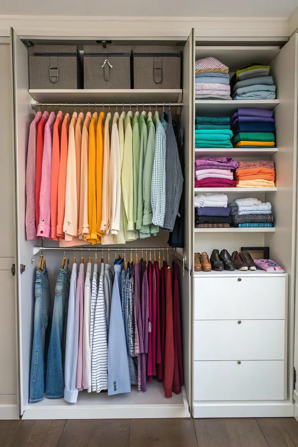 Color-based organization brings harmony and structure to your closet.