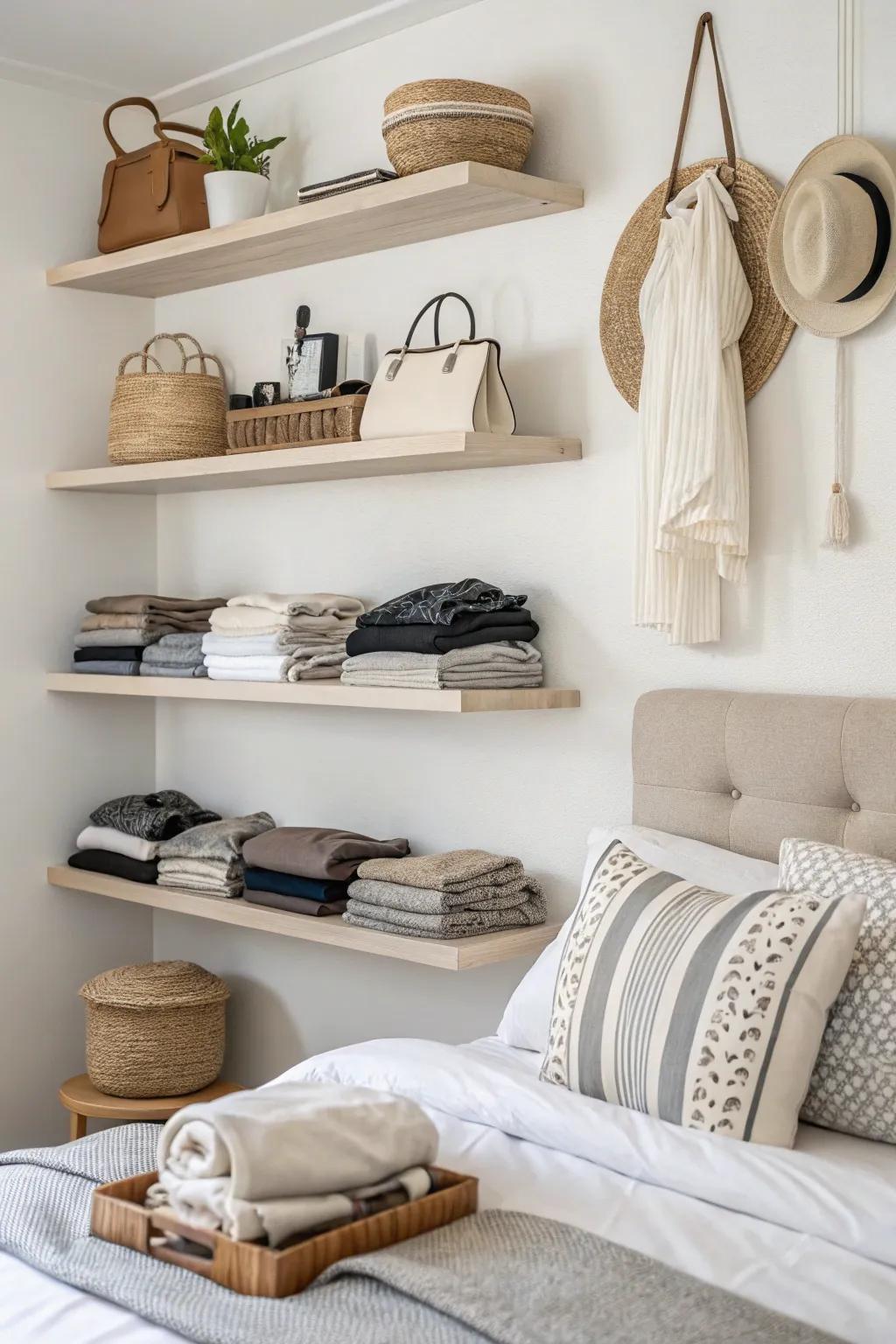 Floating shelves make use of vertical space.