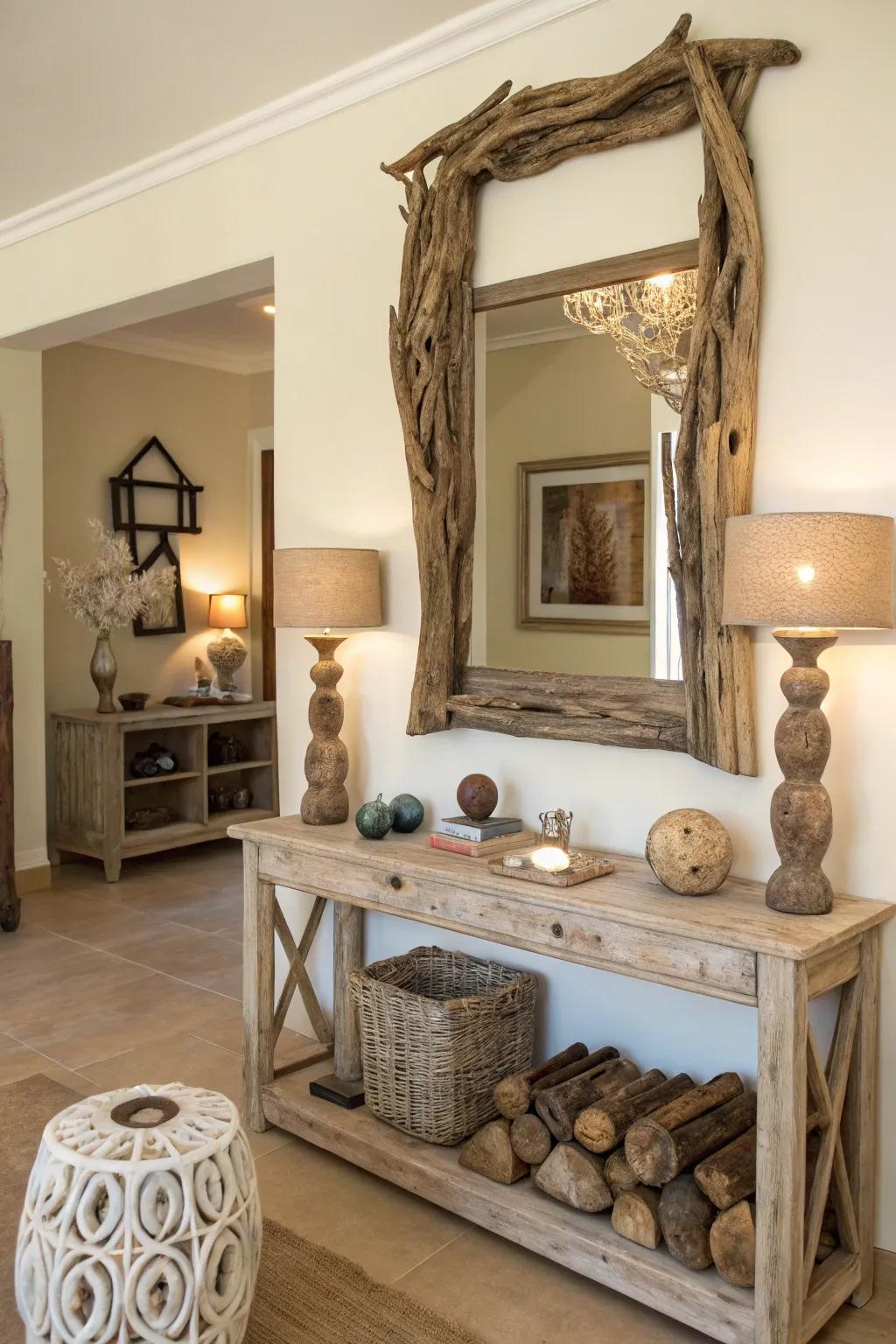 Driftwood decorations adding a natural coastal element.