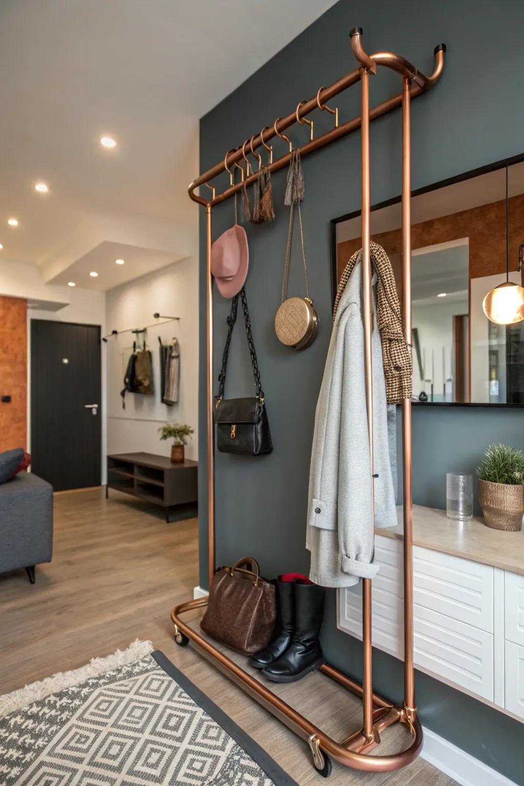 A chic DIY coat rack crafted from bronze pipes for a balmy metallic nuance.