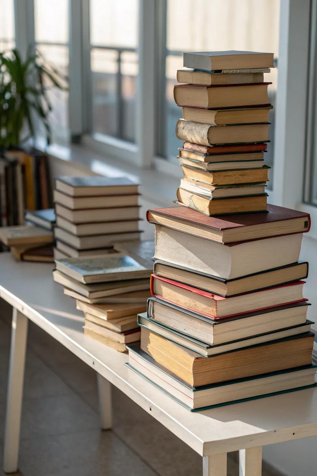 Alternating book sizes develop dimension and intrigue.