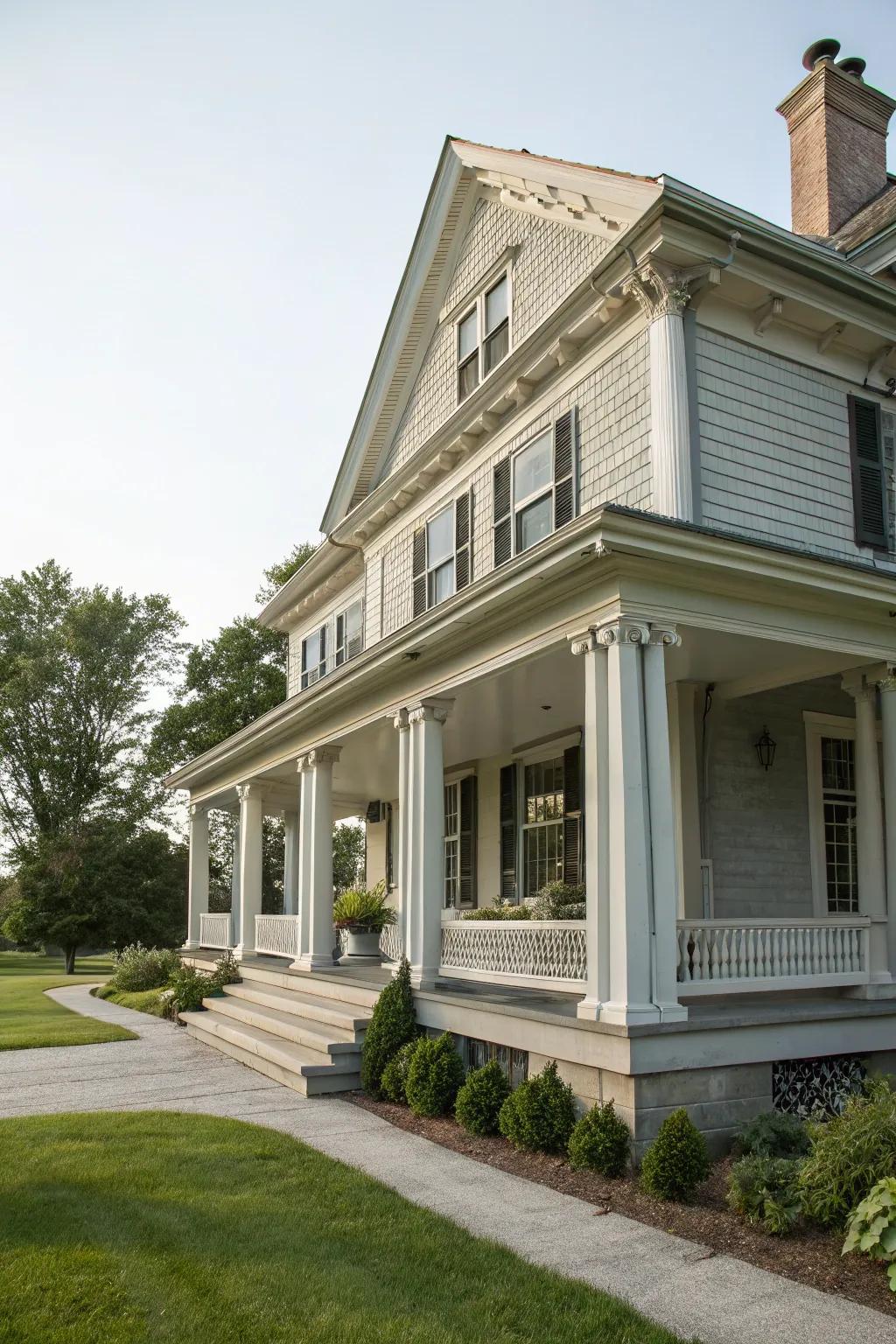 A colonial house with a soft stone frontage, accentuating its stucco-clad features.