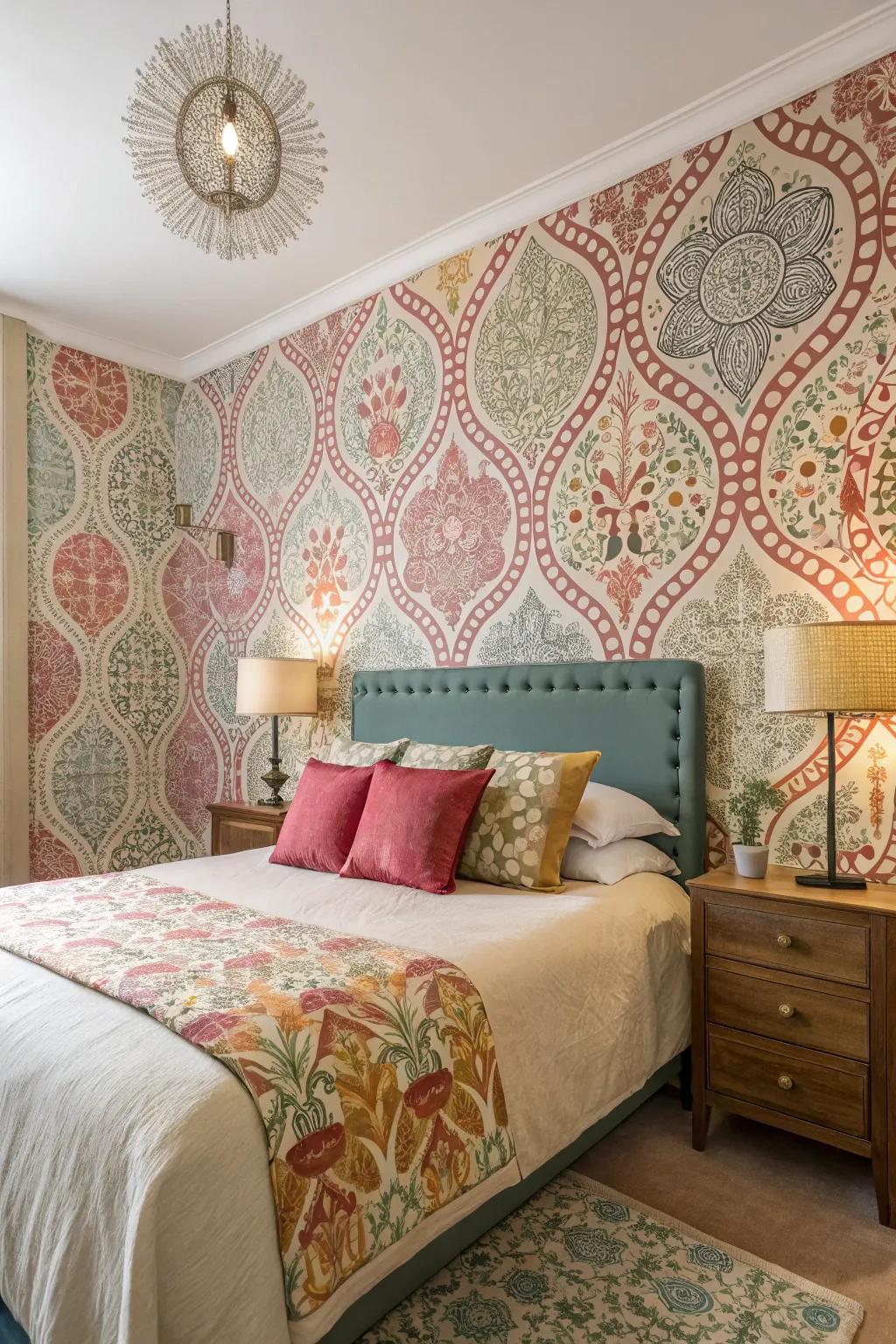 Artistic designs bring a dynamic touch to this color-drenched room.