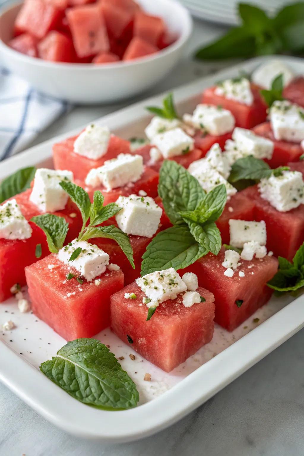 Invigorating watermelon and milky cheese morsels ideal for warm-weather gatherings.