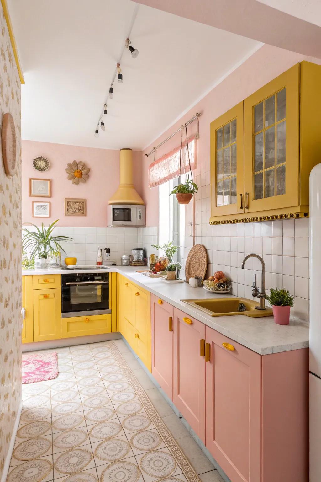 Unexpected color blends create a whimsical cooking area space.