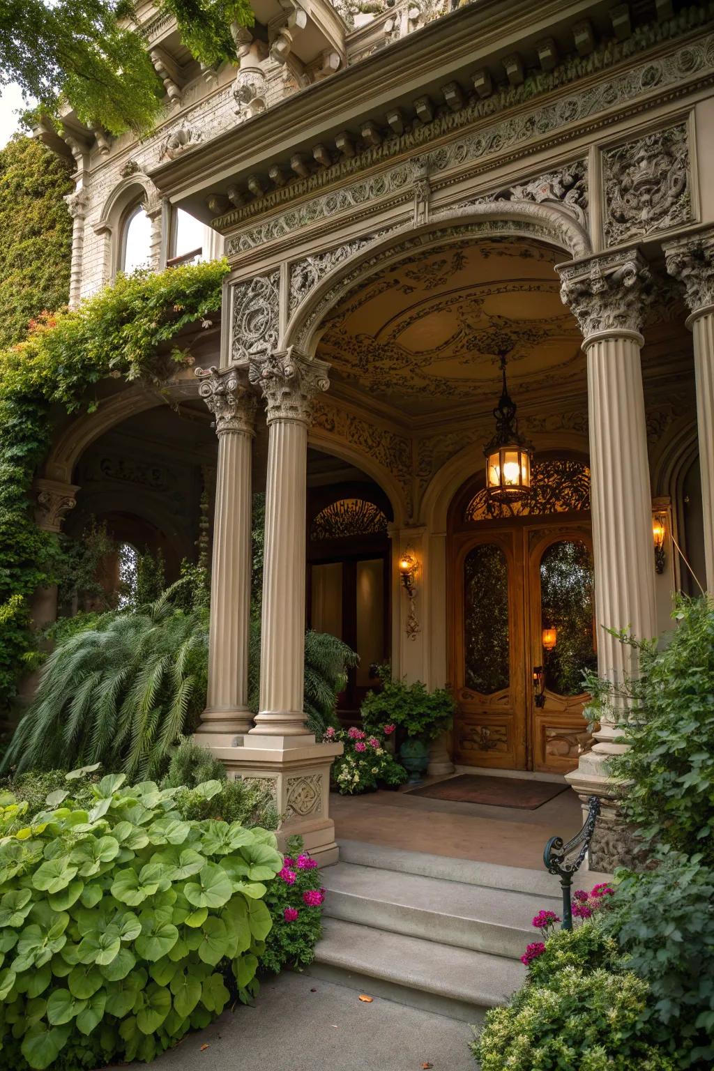 Elaborately carved vintage columns add grandeur to a home's entrance.