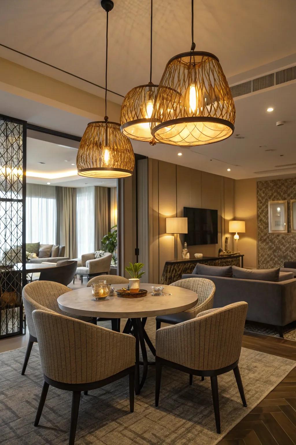 A condo interior featuring layered lighting, highlighted by pendant lights and floor lamps.