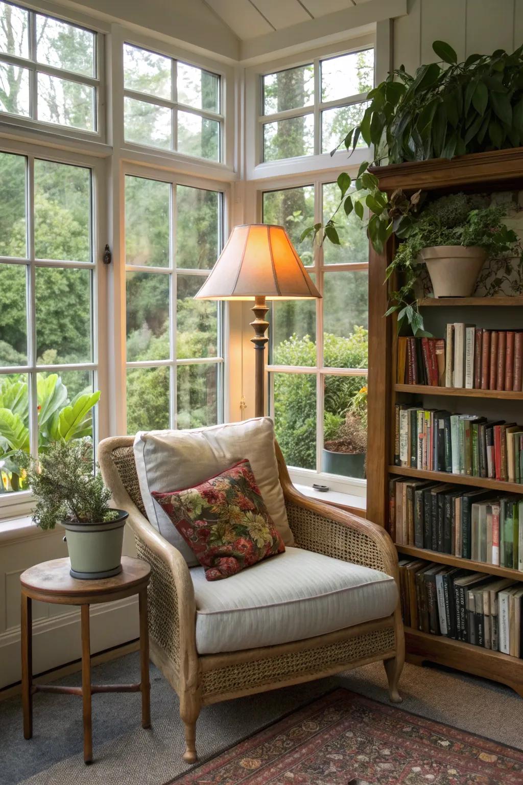 An inviting perusing recess in a sunroom, ideal for narrative devotees.
