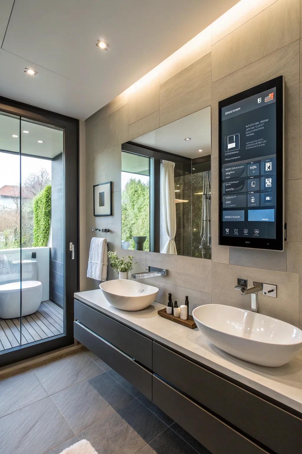 High-tech bathroom with smart reflector and warmed surfaces.