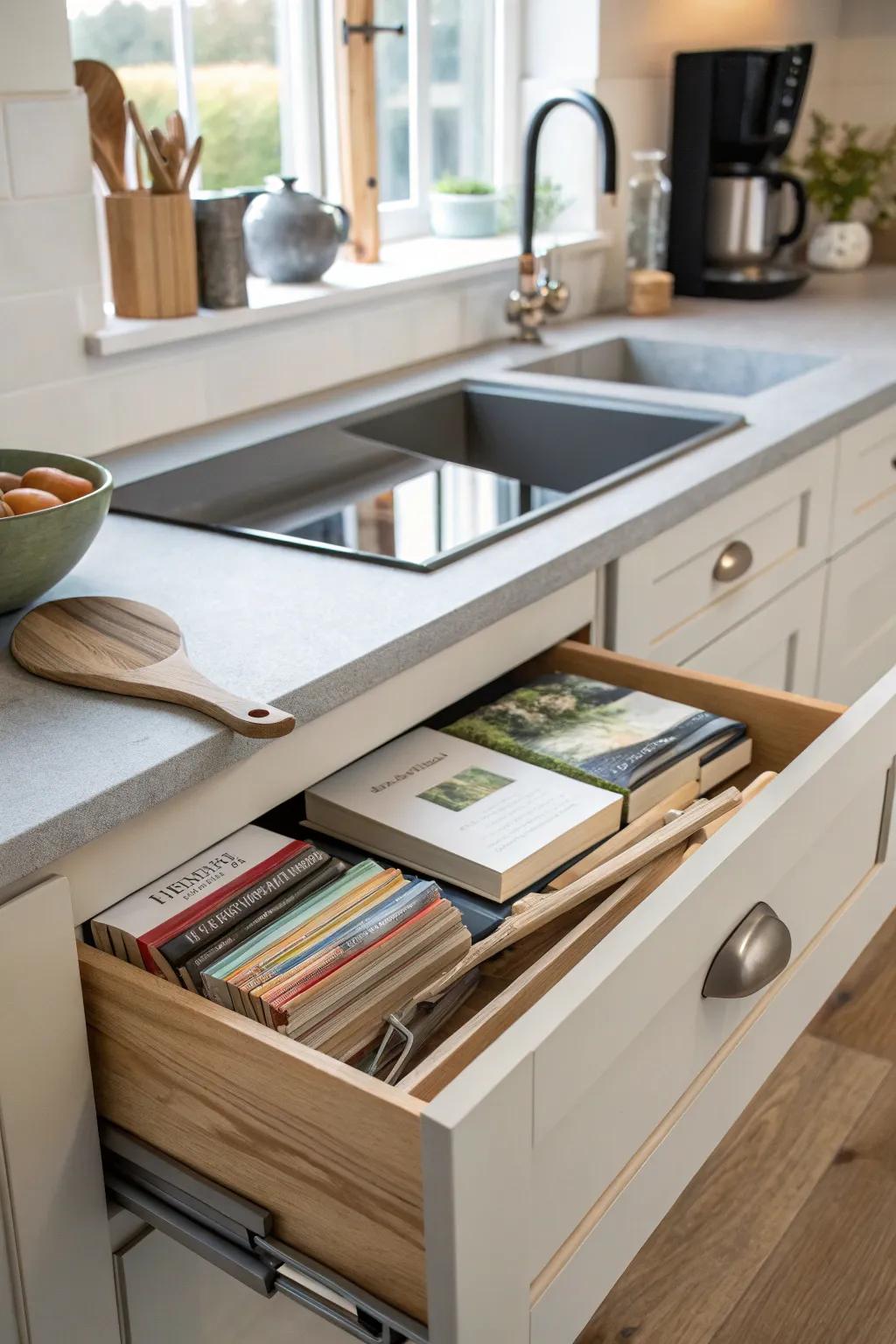 A hidden drawer provides secretive storing for cookbooks.