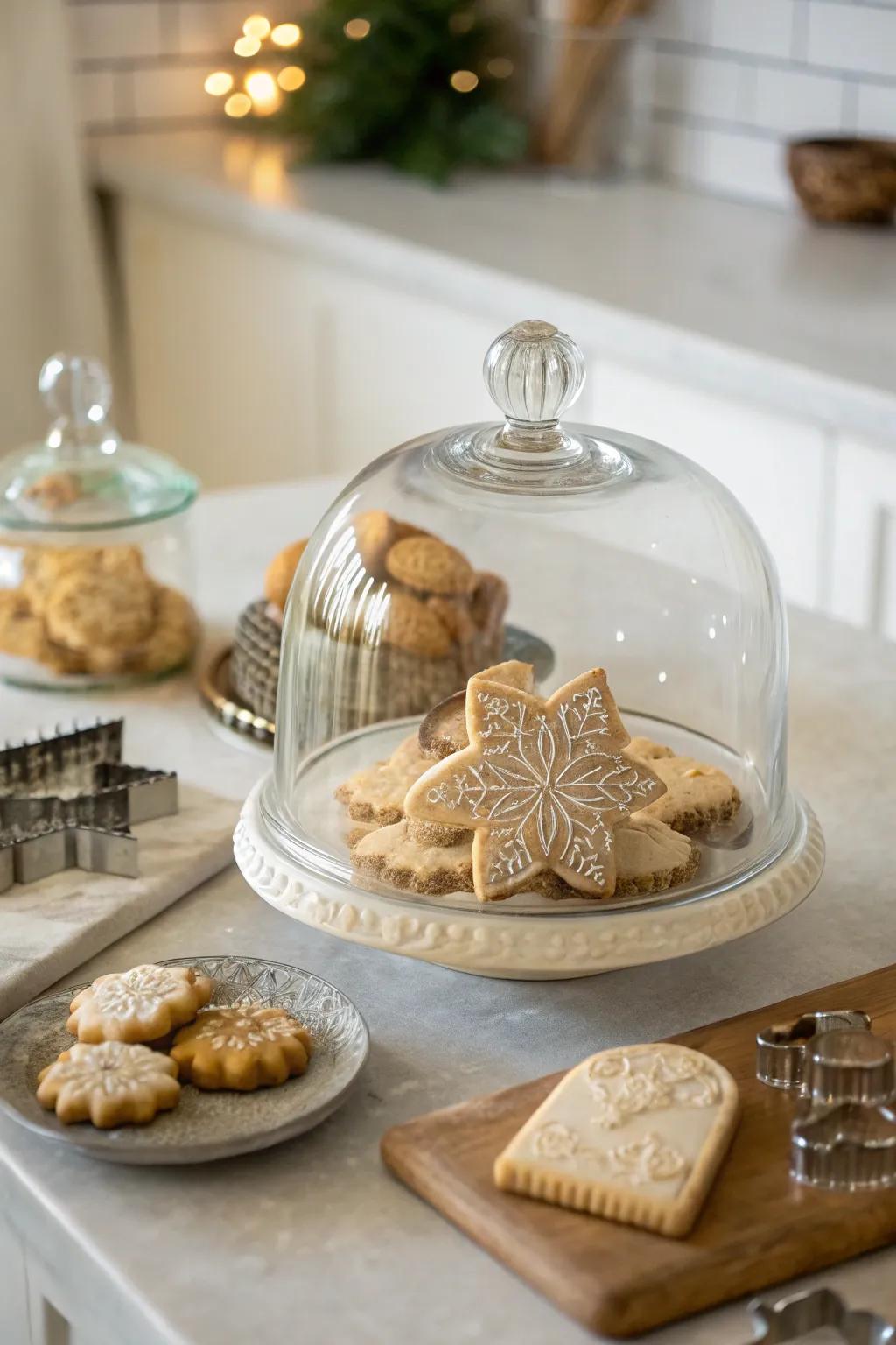 Vintage cookie cutters displayed beneath a glass display cover.