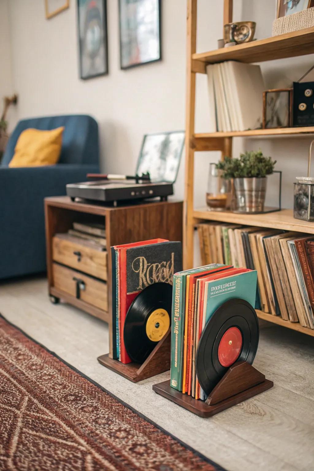 Vinyl record bookends for a nostalgic retro feel