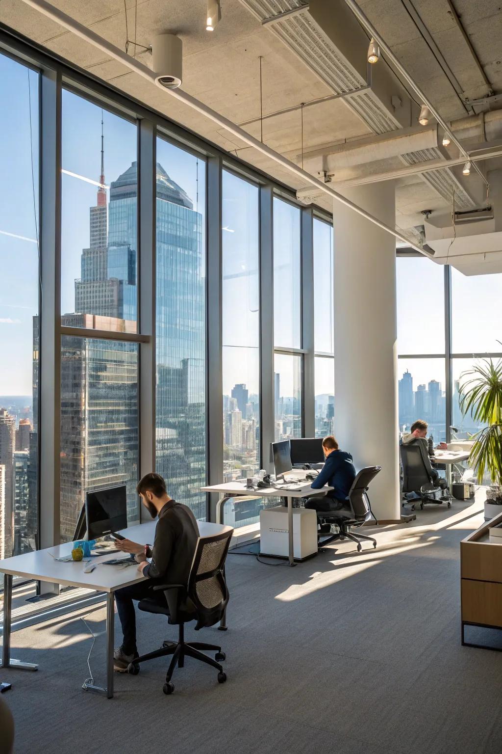 Office space filled with sunshine influx from expansive windows.