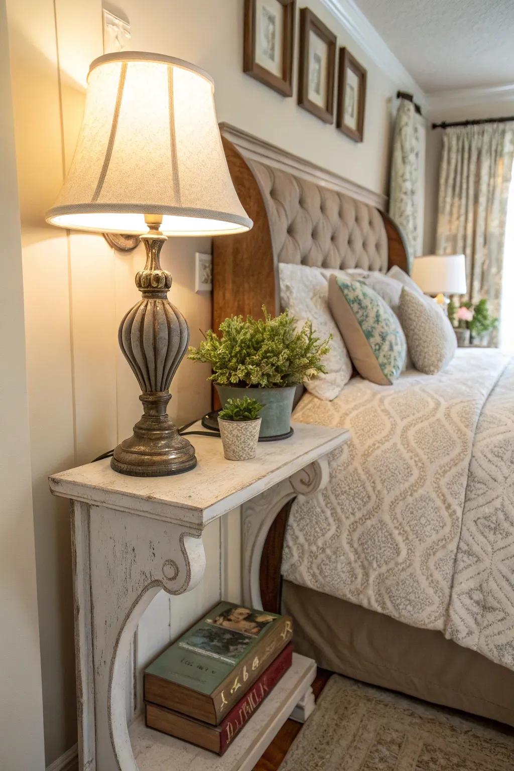 Shelves with supports can imaginatively supplant conventional bedside night surfaces.