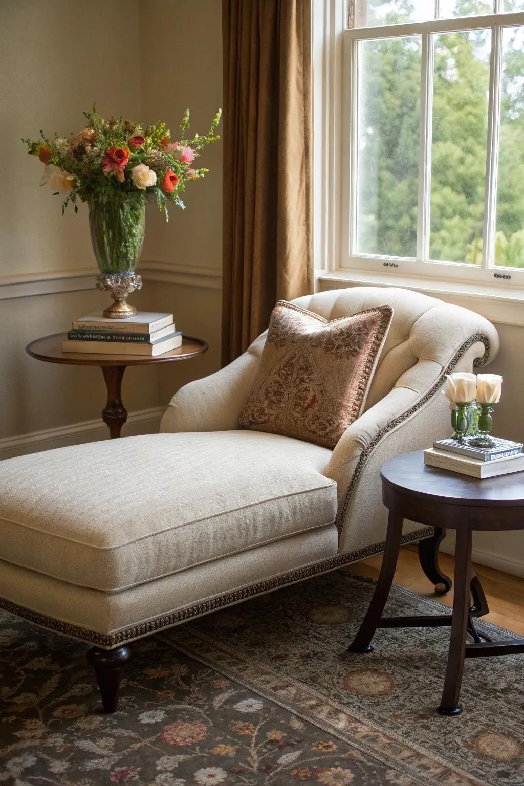A long chair offers a stylish and comfy seating option for the corner.