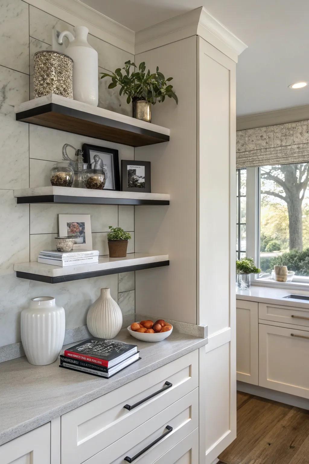Elevated display ledges provide a modern and elegant storage solution.