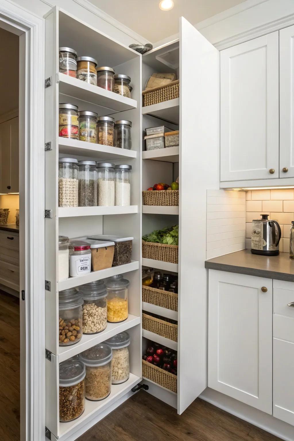 Tall corner pantry shelves maximize vertical storage.
