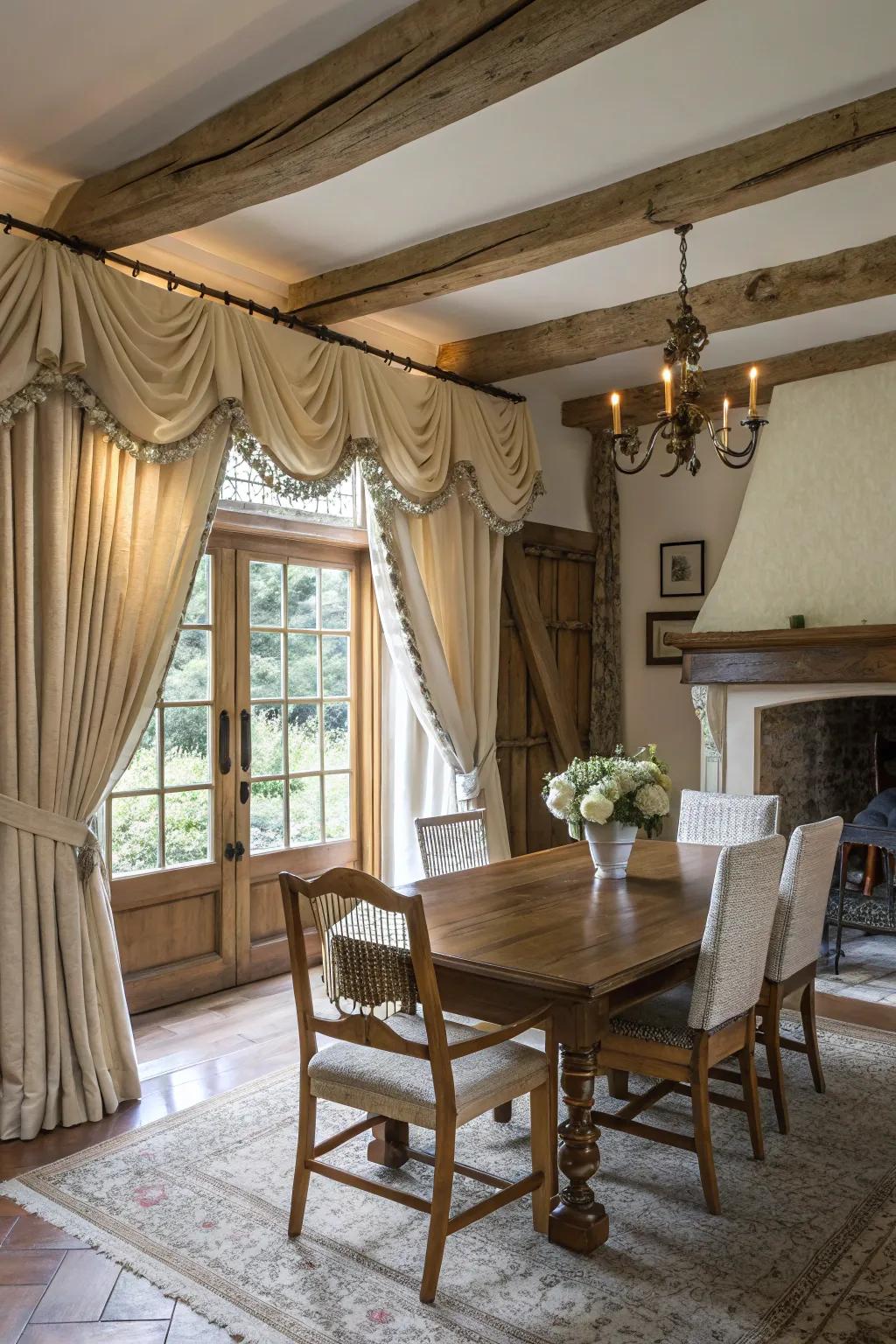 Ornate valances elevate the refinement of cottage interiors.