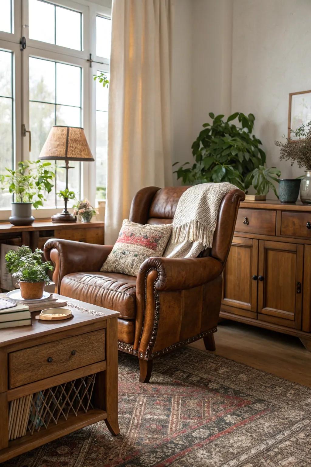A retro leather armchair adds sophistication to the living room.