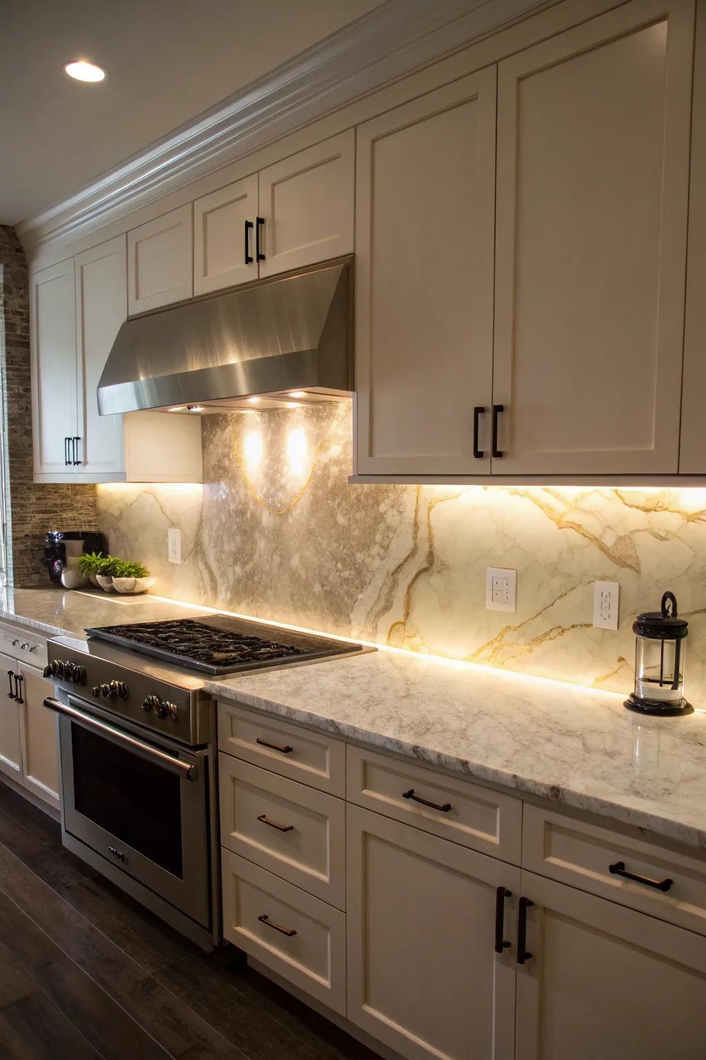 Backlit onyx backsplashes create stunning, glowing focal points.