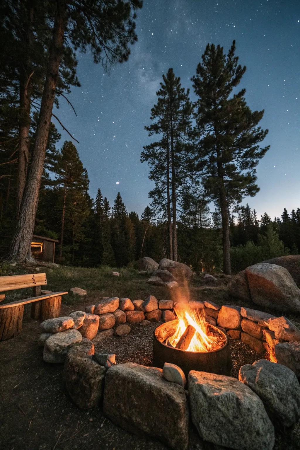 Organic rock and log seating offers a simple and cozy gathering spot.