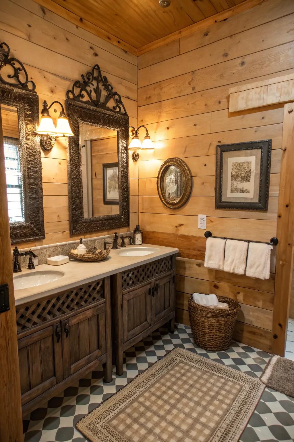 Vintage mirrors add dimension and elegance to this country bathroom.
