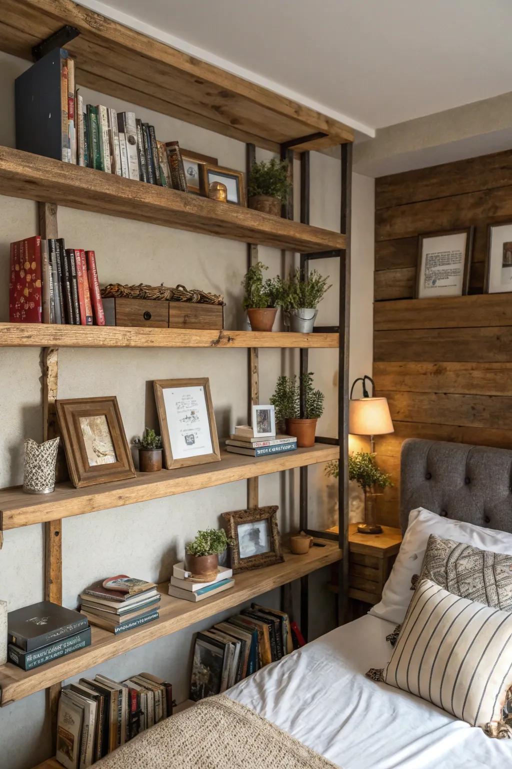 Countryside-inspired shelving furnishes both storage and aesthetic.
